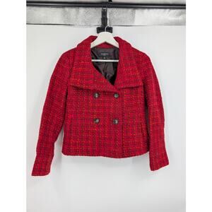 Talbots 4P Women's Red Orange Black Pink Tweed Double Breasted Blazer Clueless